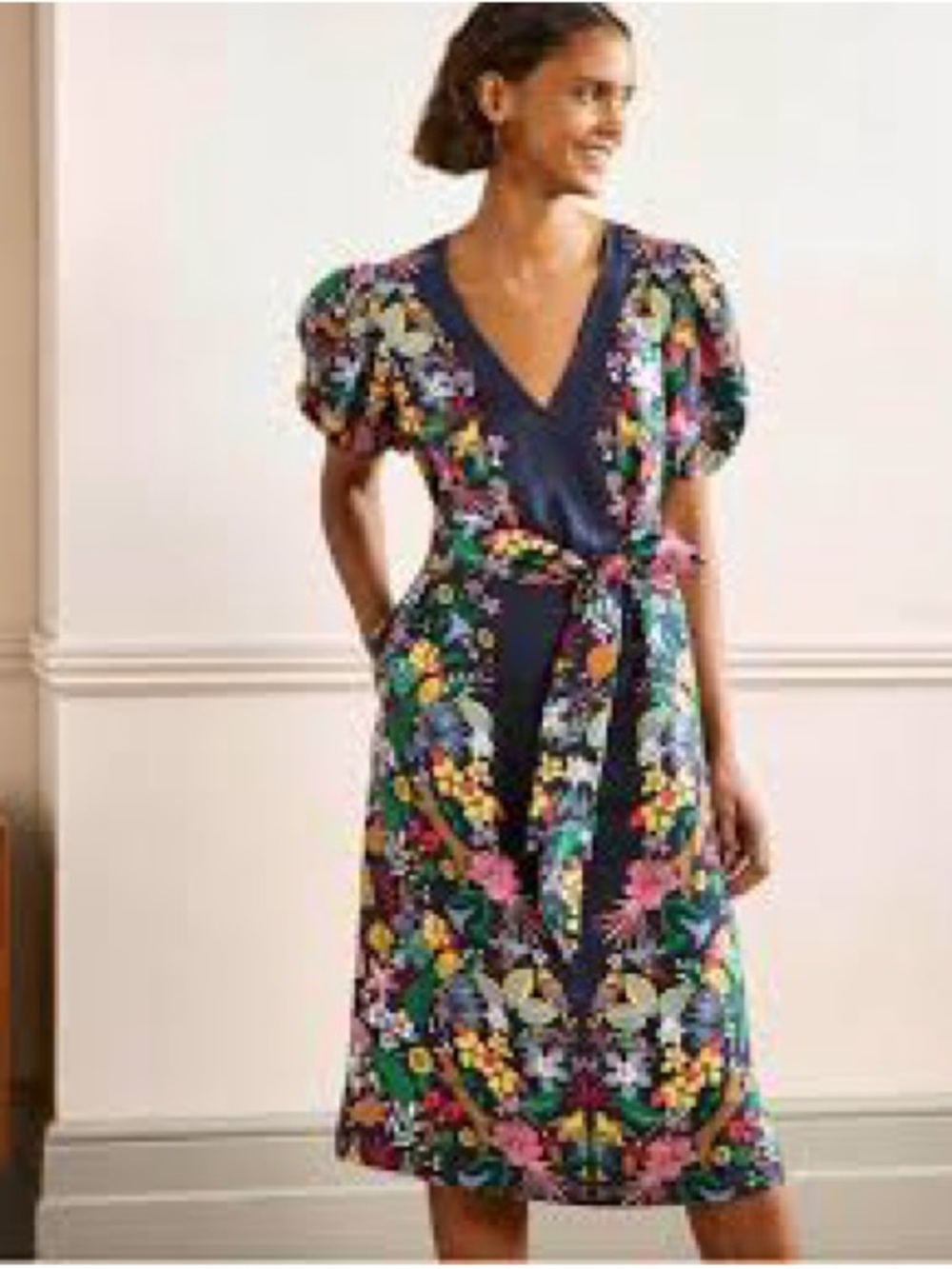 Boden Exotic Paradise Linen Midi Dress Womens 20 Navy Floral Puff Sleeve